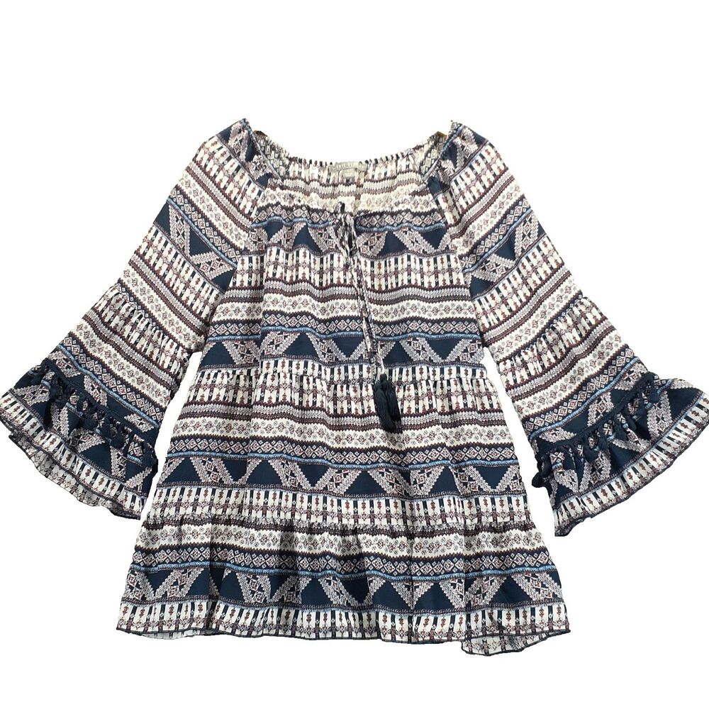 Valerie Stevens Women Sz L Babydoll Blouse Boho Sheer Top Floral Flare Sleeves